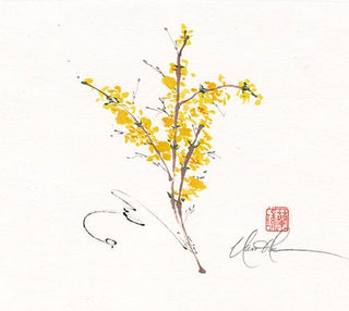 An original Forsythia painting by Nan Rae