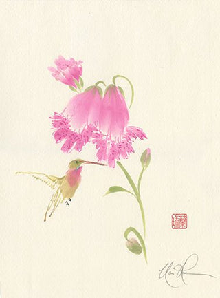 Foxglove and Hummingbird painting by Nan Rae