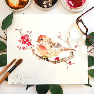 Bird on Cherry Blossoms branch painting by Nan Rae